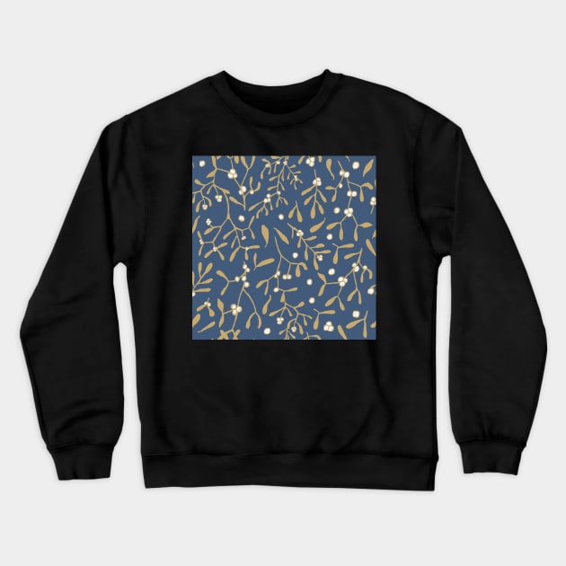 golden mistletoe and berries on dark cobalt blue seamless repeat pattern Crewneck Sweatshirt by colorofmagic